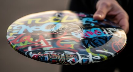 Obraz premium Hand holding colorful graffiti-style painted frisbee