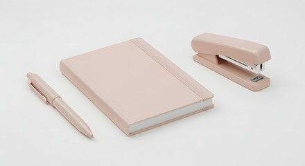 A Pale Pink Notebook Pen and Stapler on a White Background Demonstrating Office Supplies