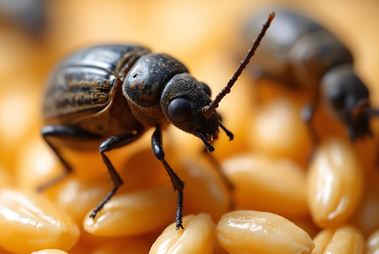 A microscopic image showing a granary weevil. The insects are clearly visible, revealing intricate textures, such as their segmented bodies, antennae, legs, and distinctive snouts. 