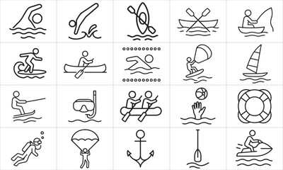 Water Sports Icons: A clean and minimalist array of water sports icons elegantly illustrates diverse aquatic activities. Designed with an engaging.