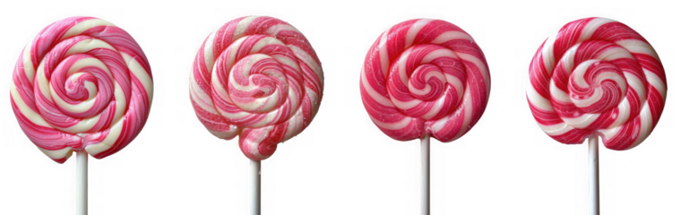 Four pink and white swirled lollipops on sticks, isolated on transparent background