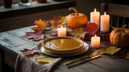 Naklejka premium Thanksgiving table setting with pumpkin pie and candles