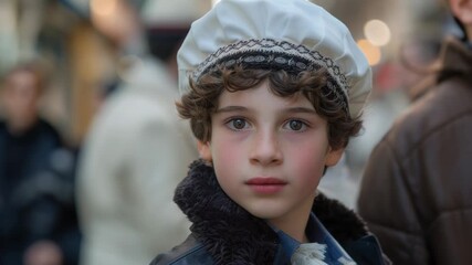 A young boy wearing a white hat and matching jacket, likely for a special occasion or costume