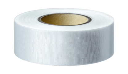 Rolled white tape.  A roll of bright white adhesive tape, likely for industrial or craft use. The tape is wound tightly around a light beige/tan cardboard core