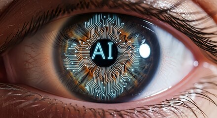 Futuristic AI eye with glowing circuit patterns signifies advanced technology and artificial intelligence