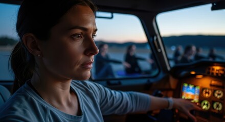 Focused female pilot at cockpit controls during evening flight preparation
