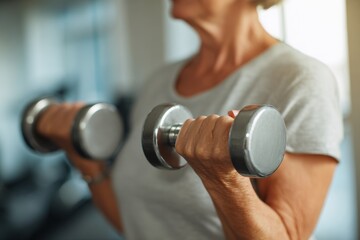 Image of a middle aged woman undergoing therapy in a clinic focusing on physiotherapy with weights