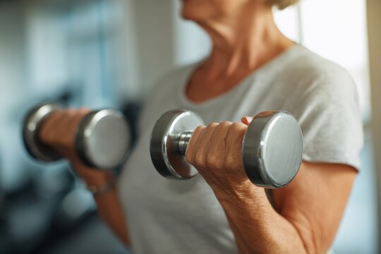 Image of a middle aged woman undergoing therapy in a clinic focusing on physiotherapy with weights