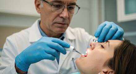 Naklejka premium Dentist examining a patients teeth with a dental tool
