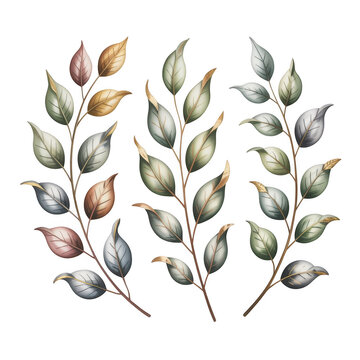 Elegant botanical art featuring delicate leaves and branches in subtle earthy tones transparent background