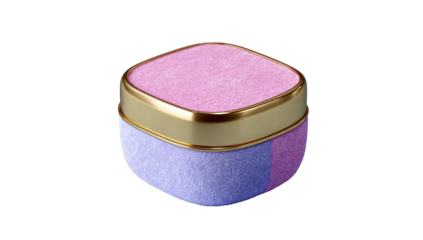 Small square cosmetic container with a gold-toned rim, featuring a light pink and lavender/lilac velvety interior