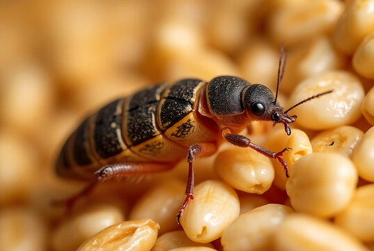 A microscopic image showing a granary weevil. The insects are clearly visible, revealing intricate textures, such as their segmented bodies, antennae, legs, and distinctive snouts. 
