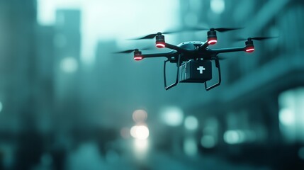 An innovative medical drone is flying across a cityscape, expertly delivering emergency supplies with ease