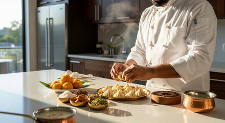 Master Indian Chef Crafting Traditional Modak and Ukadiche Sweets for Ganesh Chaturthi, Showcasing Culinary Artistry in a Modern Kitchen Setting