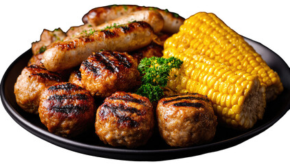 Grilled meats and corn on a dark plate (3)