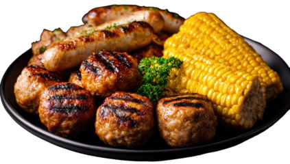Grilled meats and corn on a dark plate (3)
