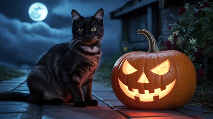 Black cat and jack-o-lantern on a cobblestone path at night