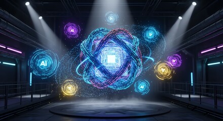 Dynamic AI neural network pulsates with glowing data streams in futuristic neon cyber arena