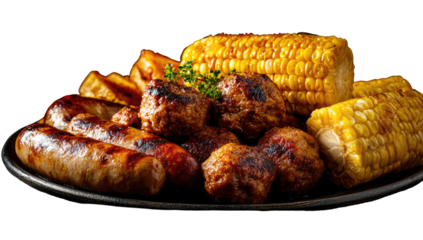 Assorted grilled meats and corn on a dark plate