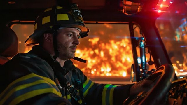 Firefighter Driving Fire Truck Towards Burning Inferno with Intense Focus and Determination