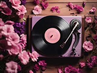 pink music background with vinyl records