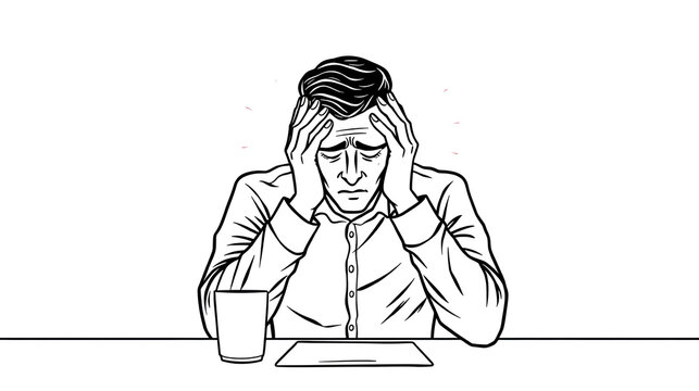 man covering his ears with his hands while sitting at the table - one line art vector. concept Hyperacusis, Ear pain, unwillingness to hear, ignore