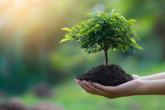 Eco earth day concept. hand holdig big tree growing on green background