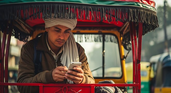 A young Indian rickshaw driver in traditional attire using his modern smartphone for communication on a city street. - Powered by Adobe