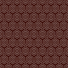 Honeycomb seamless pattern. Hexagon mosaic tiles ornament. Ethnic surface print. Repeated geometric figures background. Ornamental wallpaper. Modern geo design digital paper. Vector abstract artwork.