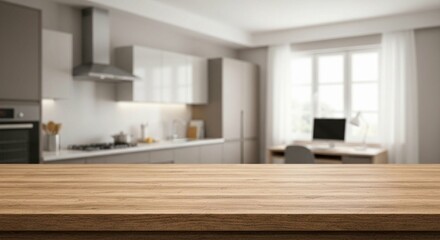 Wooden Kitchen Tabletop for Product Display with Blurred Modern Interior