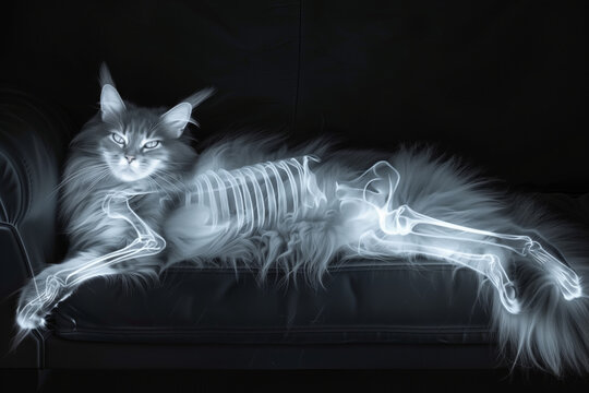 Long haired cat lying on sofa with digitally rendered x ray effect showing skeleton and bones through fur, animal positioned sideways with head facing forward