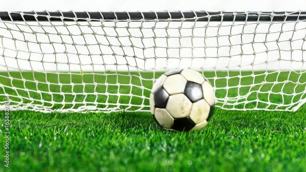 Poster a soccer ball sits in front of an open net, ready for action