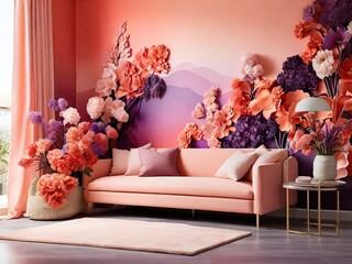 red and white sofa with flowers