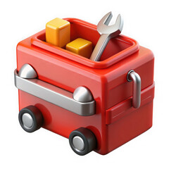 Bright red miniature toolbox with tools and blocks a 3d rendered image