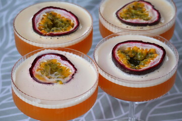 Pornstar Martini cocktails closeup, vibrant tropical cocktail drinks