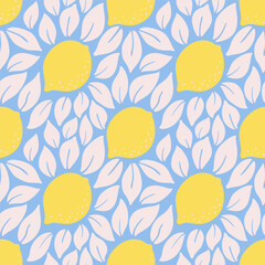 Citrus fruits and leaves on the light blue background. Floral seamless pattern. Italian style coastal summer EPS 10 vector wallpaper.