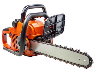 Fototapeta premium Orange and black chainsaw with metal chain and light green bar on white background tool