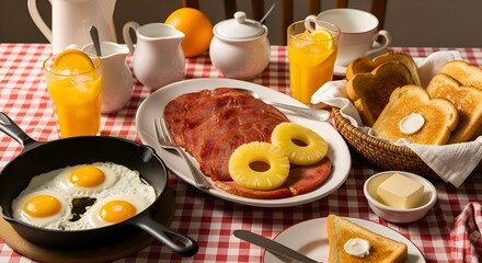 A Hearty Country-Style Breakfast Feast with Ham, Pineapple, and Sunny-Side-Up Eggs in a Skillet.