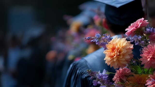 Artistic medium shot portraying the transition of celebratory flowers into formal academic dress emphasizing acknowledgment and the start of leadership in regional education.