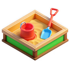 Bright isometric sandbox with red bucket and blue shovel ready for playtime fun