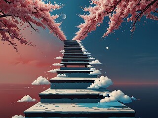 Sakura blossom stair sky
