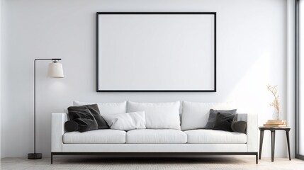 Minimalist living room with white sofa, art, lamp, and small table by a window