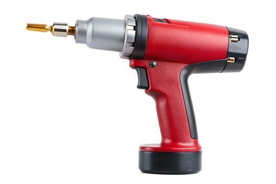 Red and silver cordless drill with gold bit on white background tool power