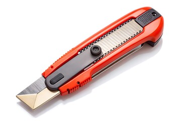 Red retractable utility knife with sharp metal blade and grey slider on white background image