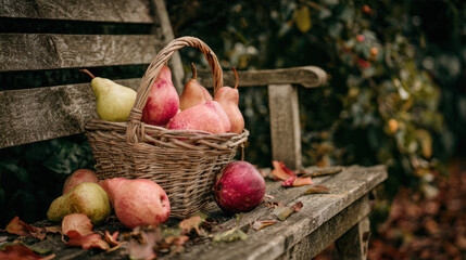 Basket of ripe pears on an old wooden bench in the autumn sunlight.