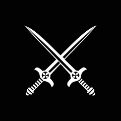 Minimal white crossed swords icon on black, perfect for medieval design, knight themes, and gaming emblems.