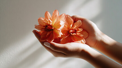 Warm sunlight illuminates a pair of orange dahlias gently held within cupped hands