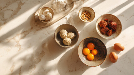 An artistic arrangement of traditional indian snacks, perfect for dussehra festivities on a marble surface
