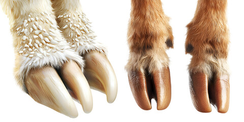 Set of realistic animal hooves close up of front and back legs, isolated on transparent background