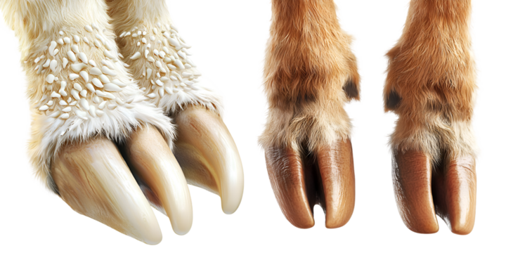 Set of realistic animal hooves close up of front and back legs, isolated on transparent background